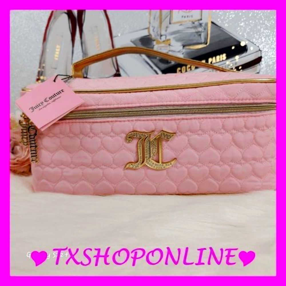 {Juicy Couture} Pink Quilted Hearts Train Case | Bling Cosmetic Bag |